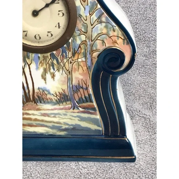 Vintage Landscape Painted Pottery Mantle Clock Germany Decor Art Nouveau